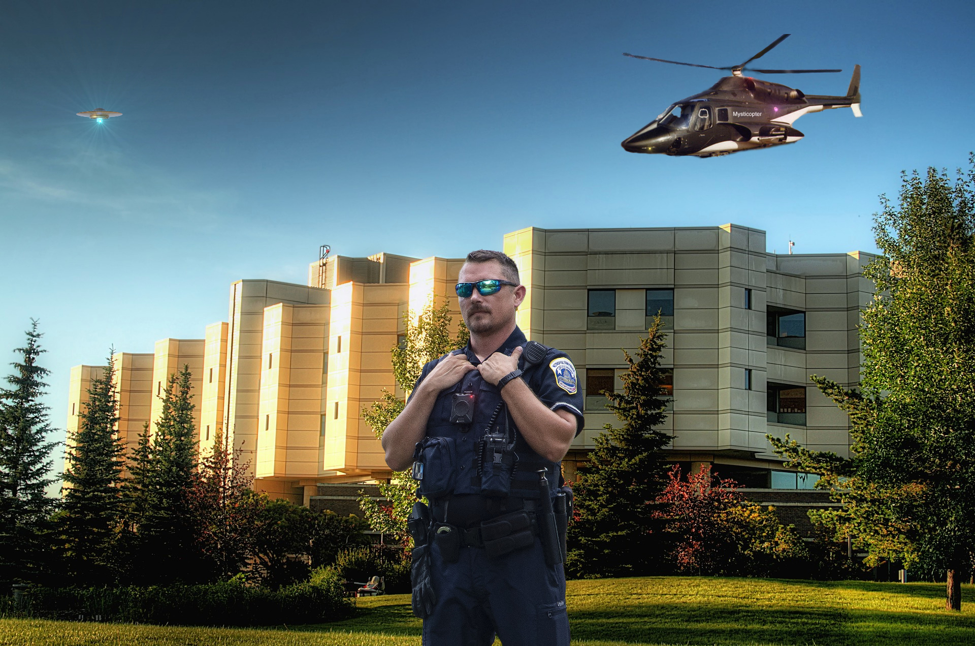 Police Officer about to exhibit the symptoms of roid rage as the Mysticopter lands at the hospital with a family in need of medical care.