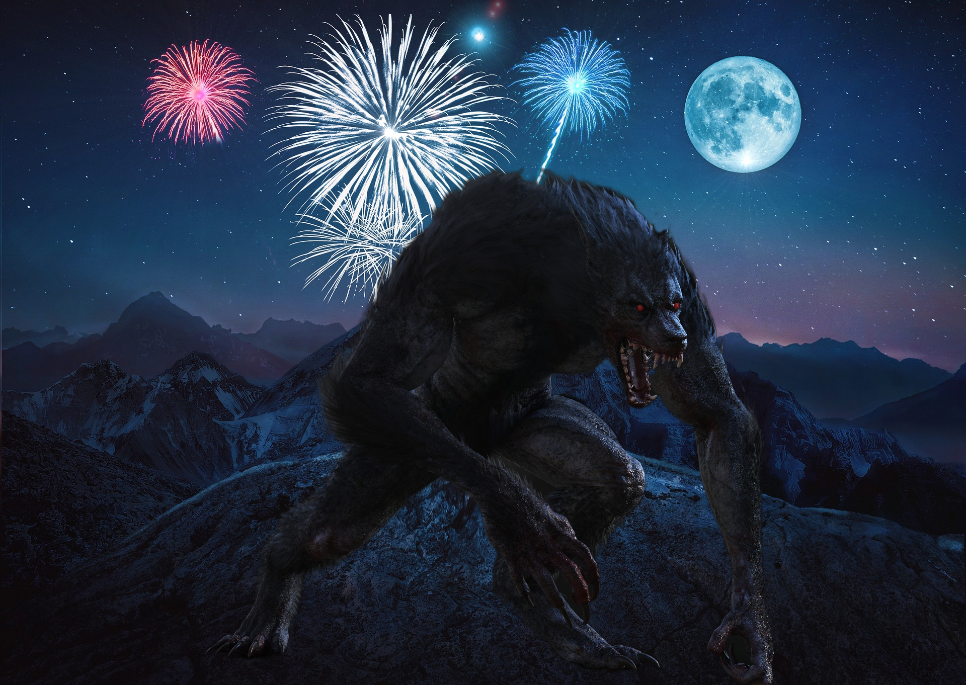An Independence Day Werewolf is ready to pounce on prey as the skies are lit ablaze with a kaleidoscope of colors!