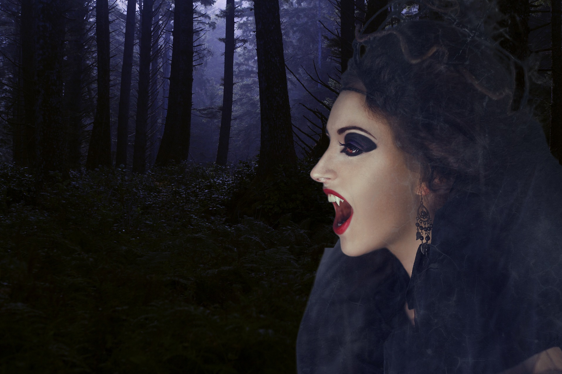 Vampiress stalks a camping couple in the forest ready to load up on energy sustaining blood!