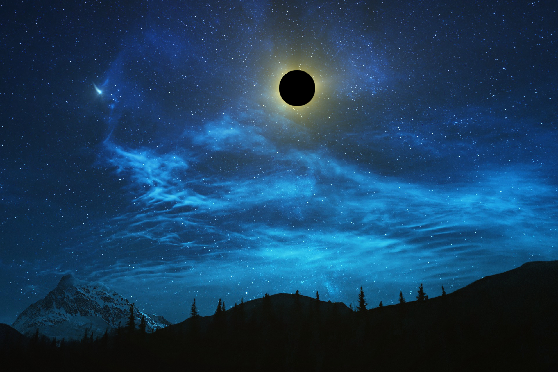 Azure-hued skies set the stage for the mesmerizing Solar Eclipse over a majestic mountain range.