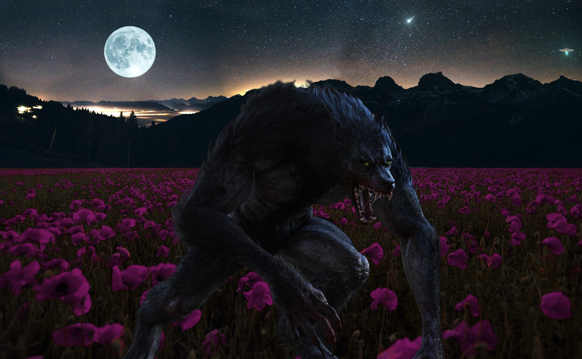 Wayward Werewolf wades through a field of flowers under the May Flower Moon. A UFO hovers in the distance contemplating if it will abduct the monster.
