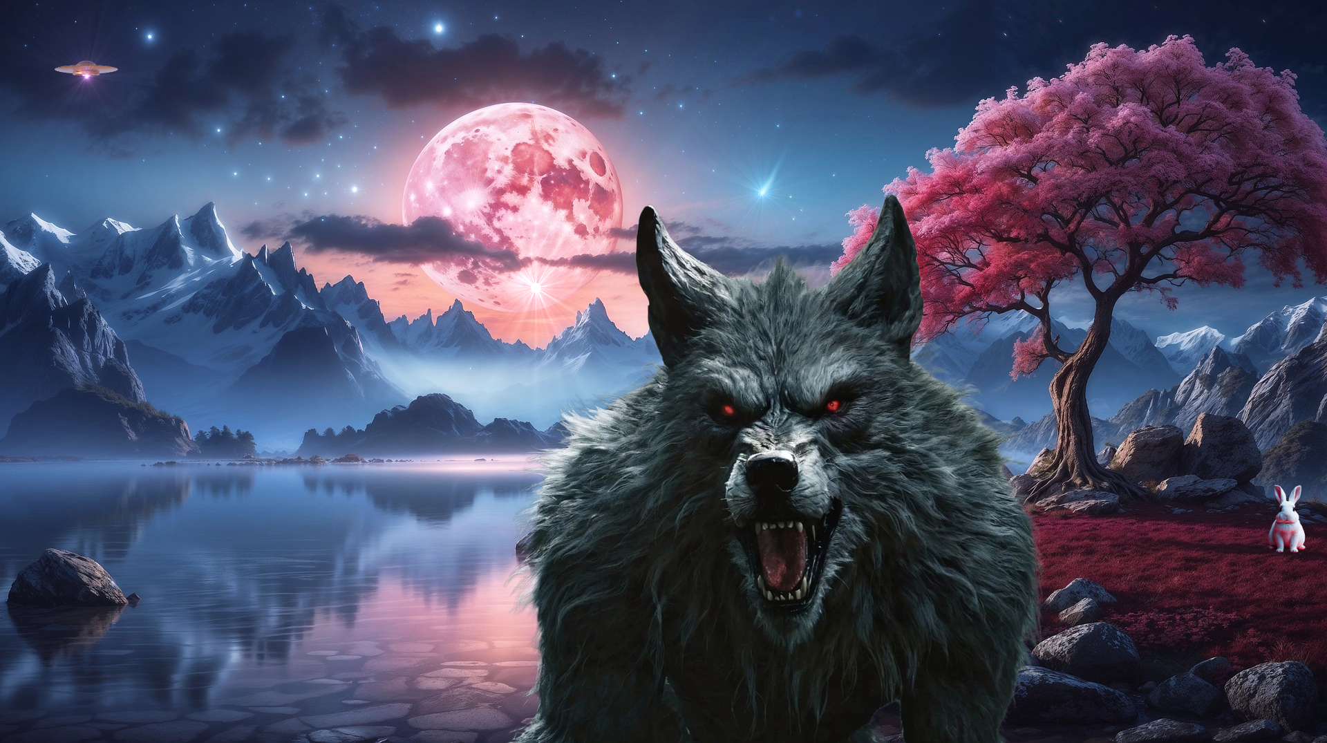 Werewolf under the Pink Moon on the prowl for flesh and blood. The Easter Bunny looks on in shock under a blooming cherry tree as an alien UFO observes the spectacle.